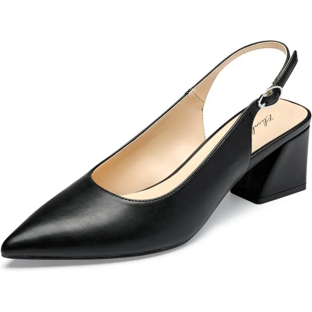 Women Slingback Black Toe Block Heel Pump Low Heel Office Wedding Dress Shoes